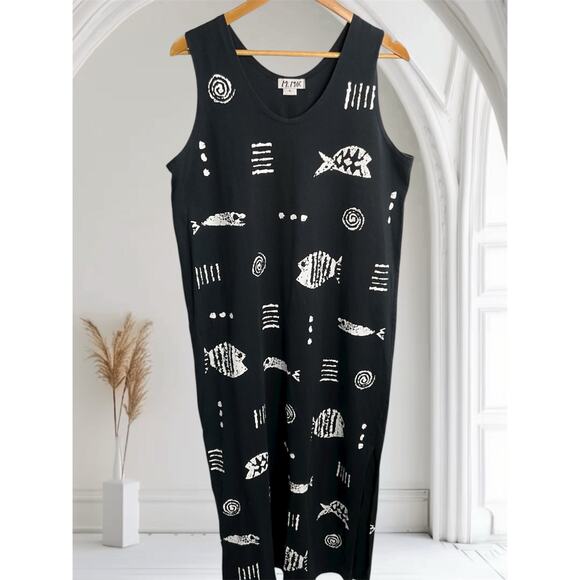 M MAC Vintage Art Animal Fish Maxi Dress Medium Vermont Coastal Nautical Cotton - Picture 4 of 9